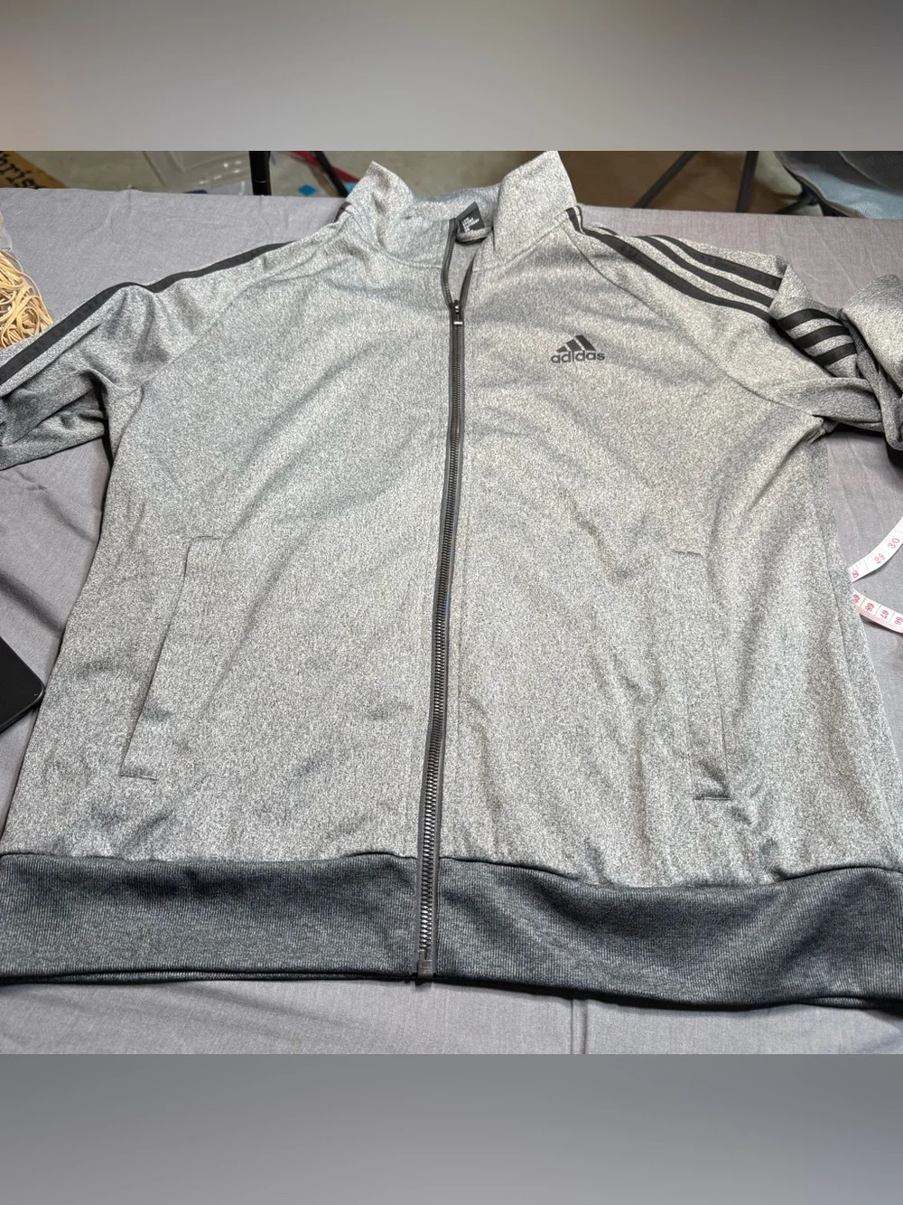 adidas Men's Light Gray Full-Zip Track Jacket with Dark Gray Stripes